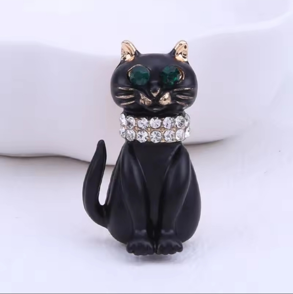 Lady Oil Dripping Black Cat Brooch Alloy Diamond Inlaid Jewekry